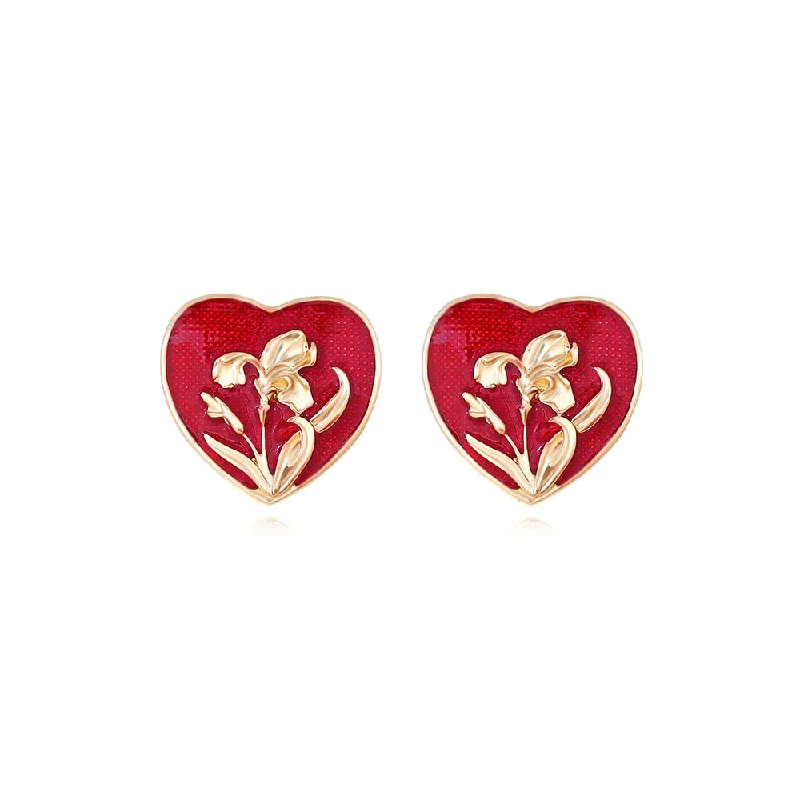 Drop Earrings with Leaf Motifs -Wholesale Valentine's Day Vintage Heart Shape Enamel Flower Earrings