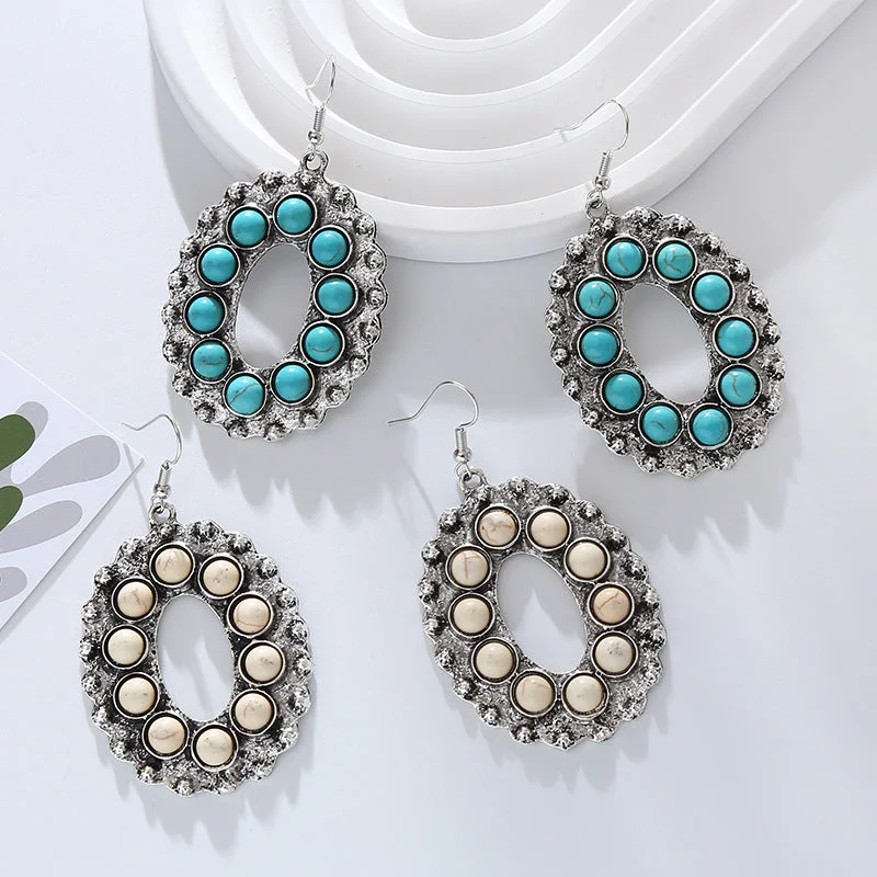 Geometric Drop Earrings for Trend -Wholesale Vintage Alloy Inlaid White Turquoise Round Earrings