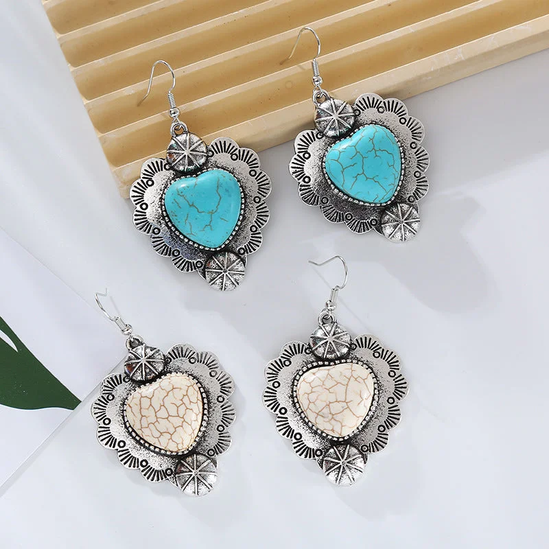 Lightweight Drop Earrings for All Day -Wholesale Vintage Alloy Plated Antique Silver Inlaid Turquoise Love Earrings