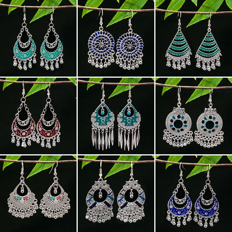 Punk Drop Earrings with Spikes -Wholesale Vintage Ethnic Style Bell Tassel Hollowed Out Alloy Earrings