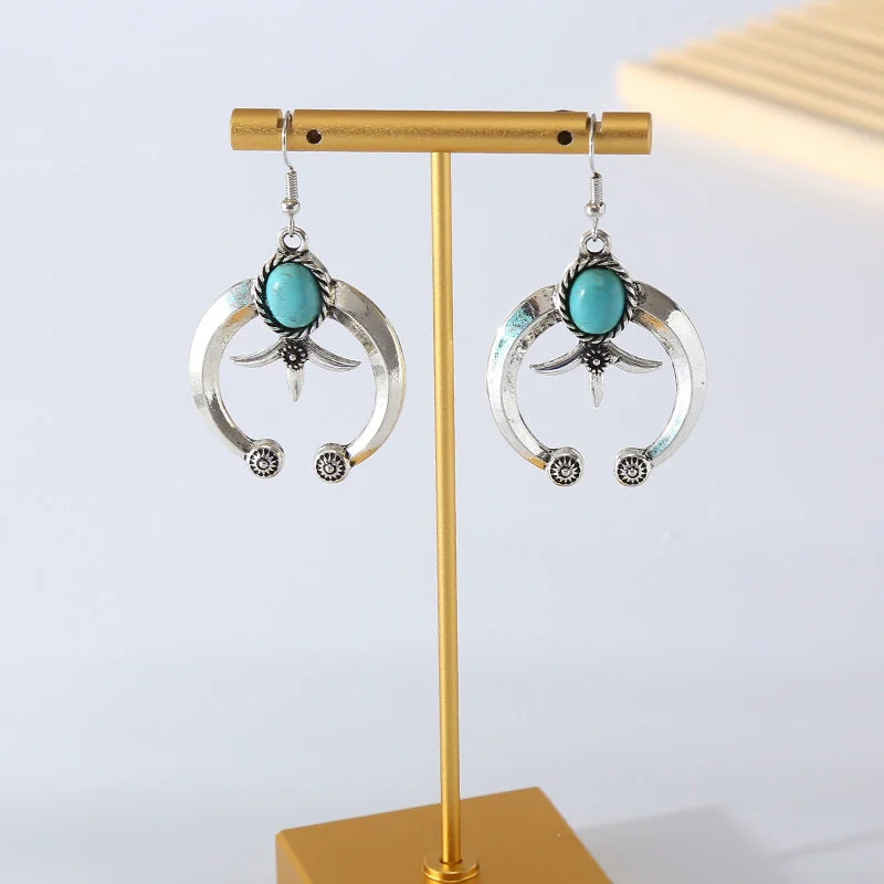 Drop Earrings for Concert Look -Wholesale Vintage Geometric Carved Antique Silver Turquoise Earrings