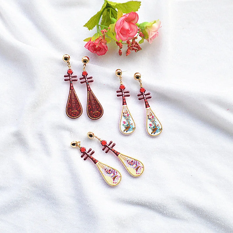 Drop Earrings for Wellness Routine -Wholesale Vintage Imitation Musical Instrument Metal Dripping Oil Pipa Long Tassel Earrings