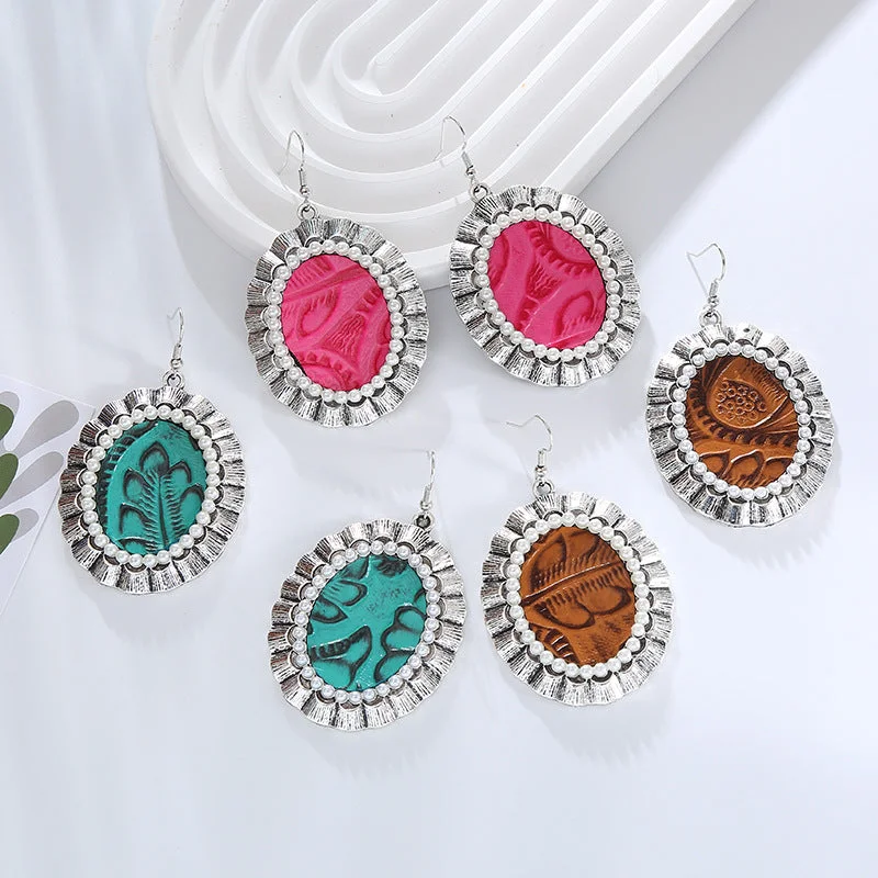 Waterproof Drop Earrings for Outdoor -Wholesale Vintage Printed Leather Round Alloy Studded Pearl Earrings