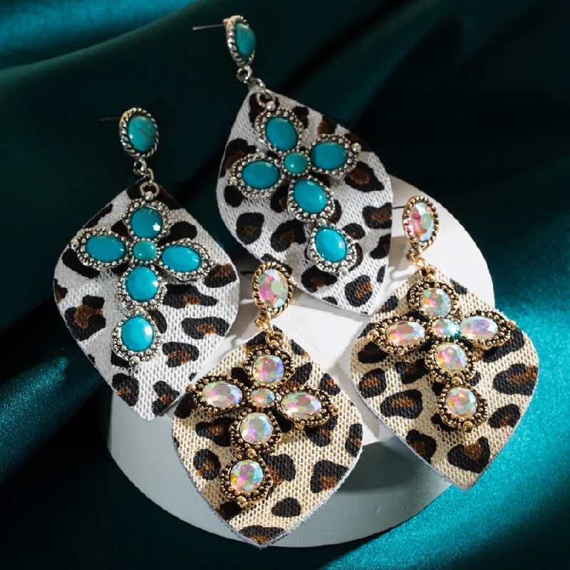 Drop Earrings with Filigree Work -Wholesale Vintage Western Leopard Print Inlaid Turquoise Leather Earrings