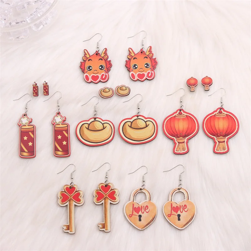 Indian Drop Earrings with Intricacy -Wholesale Yuanbao Lantern Firecrackers Love Wooden New Year Earrings