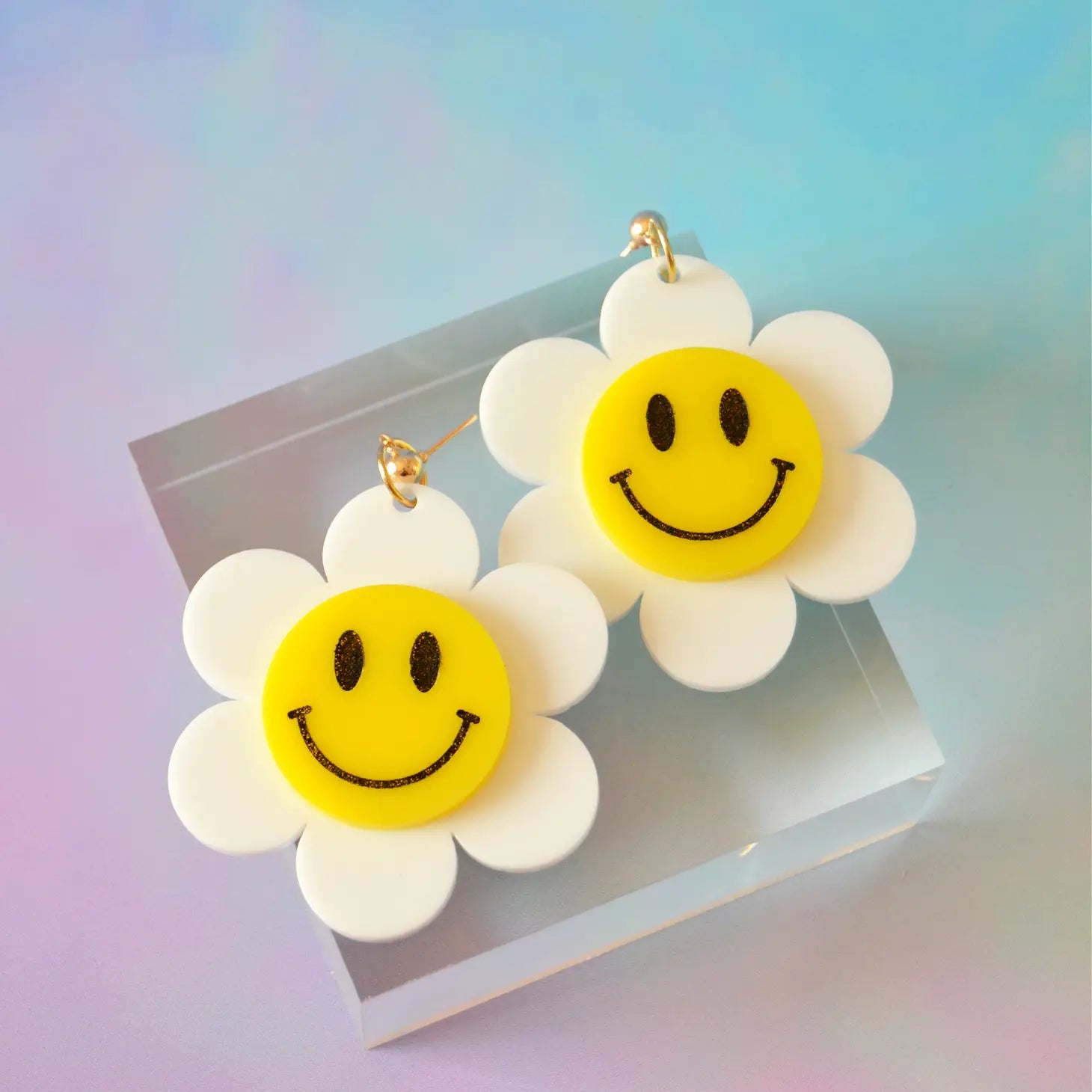 Square Drop Earrings for Modern -ACRYLIC SMILEY HAPPY DAISY FLOWER EARRINGS