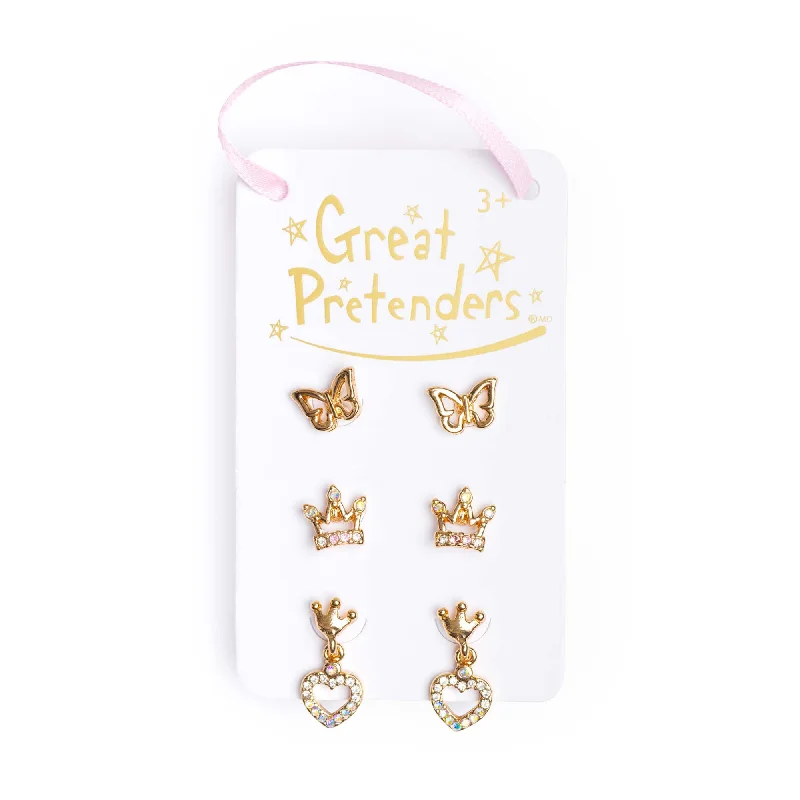 Waterproof Drop Earrings for Outdoor -Boutique Royal Crown Studded Earrings for kids, 3 Count