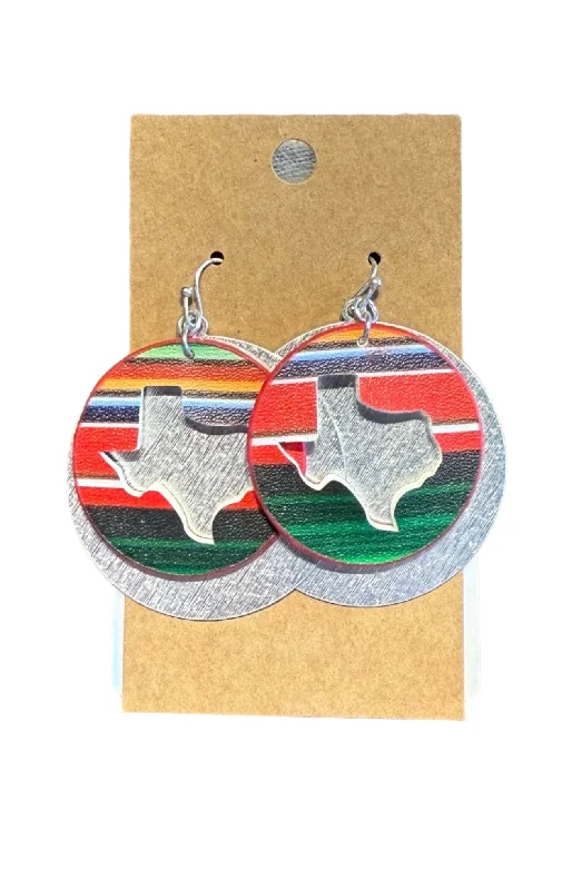 Drop Earrings with Debossed Designs -Circle Texas Earrings - Red/Green