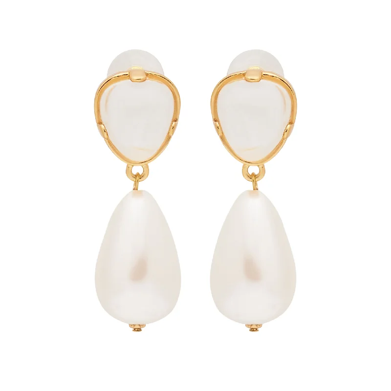 Screw Back Drop Earrings for Security -Clear & Pearl Drop Pierced Gold Earrings