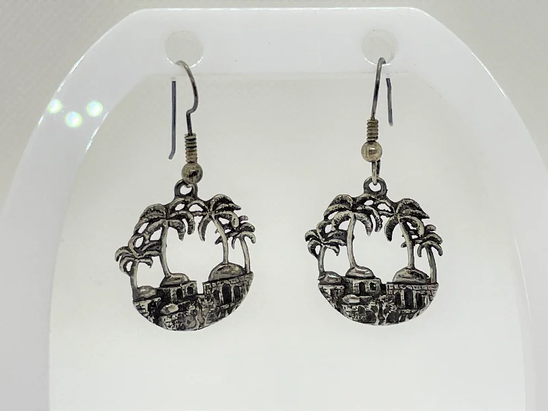 Drop Earrings with Textured Surface -Earrings - silver palm tree/Israel