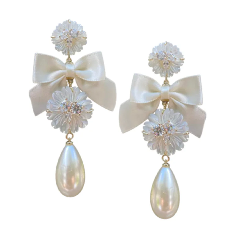 Long Drop Earrings for Dramatic -Embellished Mother of Pearl & Ivory Bow Earrings