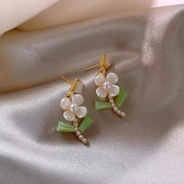 Indian Drop Earrings with Intricacy -Green Flower Earrings