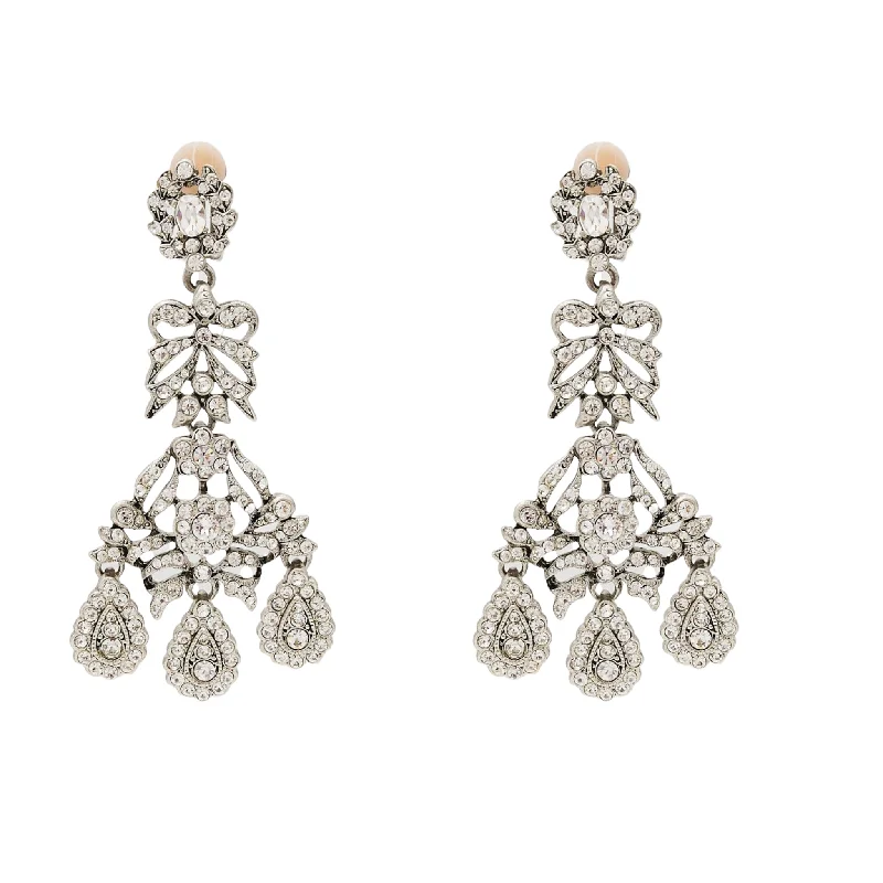 Drop Earrings for Evening Gown -Light Antique Silver & Crystal Drop Clip Earrings