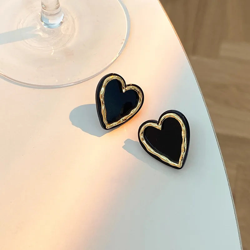 Screw Back Drop Earrings for Security -Luxurious Black Heart Stud Earrings