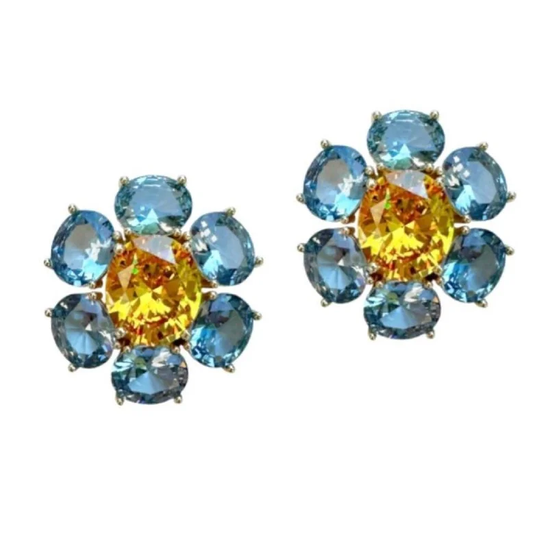 Oval Drop Earrings for Grace -Paris Blue and Marigold Flower Stud Earrings