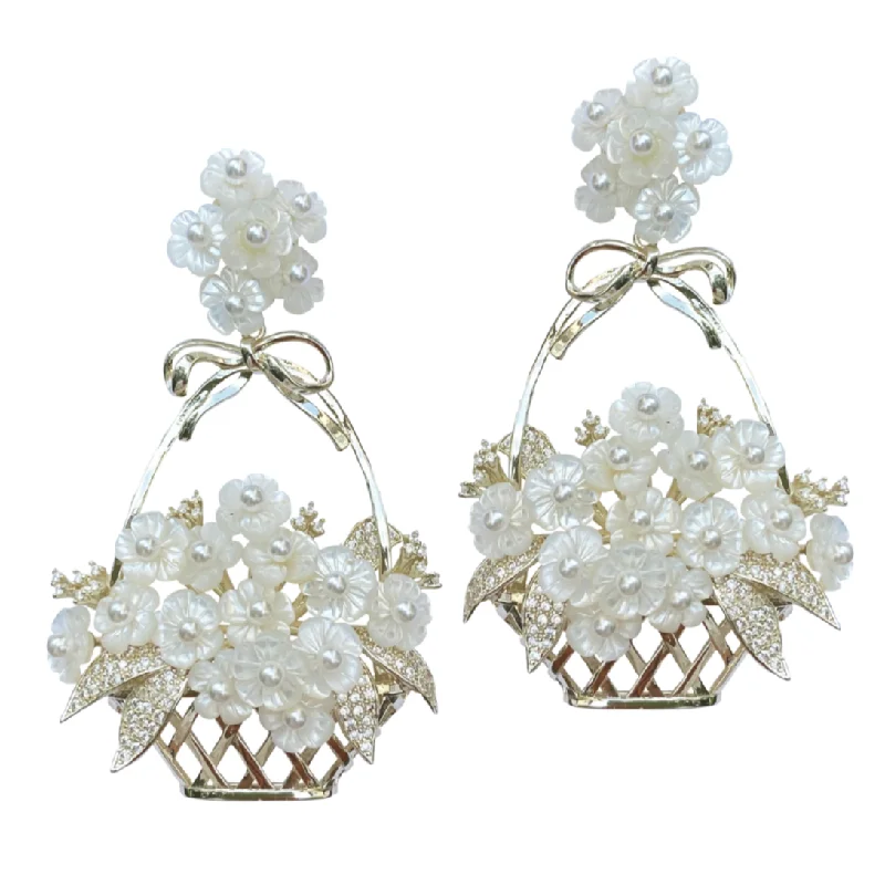 Short Drop Earrings for Subtle -Pearly Mother of Pearl Flower Basket