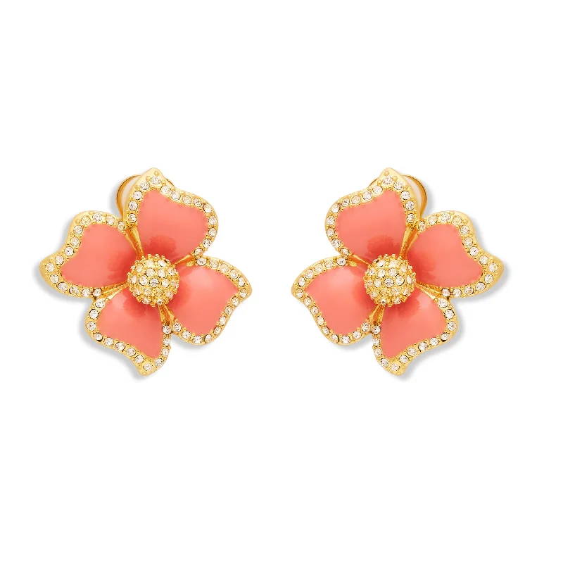 Rhinestone Drop Earrings for Sparkle -Pink Enamel Flower Clip Earrings