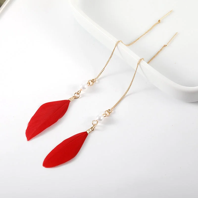 Drop Earrings for Party Look -Red Feather Dangle Earrings