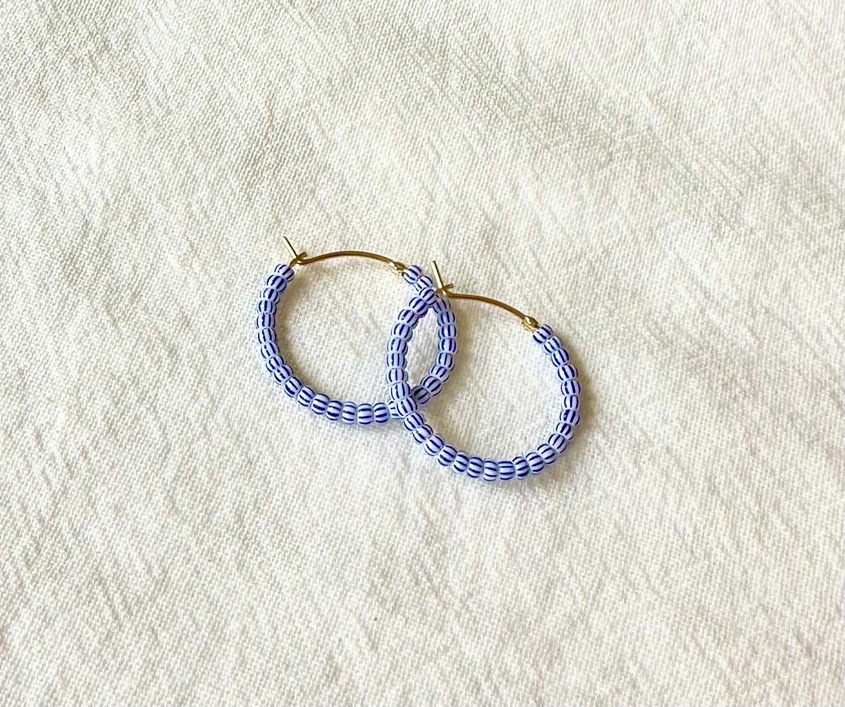 Drop Earrings with Hammered Finish -Tiny Stripe Hoops in French Blue