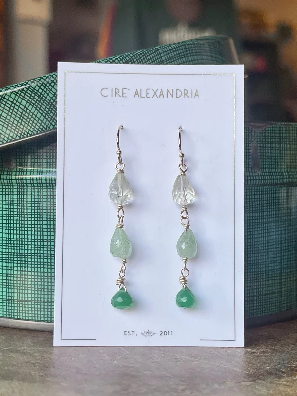 Drop Earrings for Travel Look -Triple Stone Long Dangle Earrings - Quartz/Moss Agate/Green Onyx