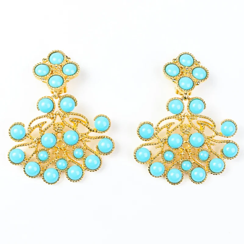 Drop Earrings for Wedding Ceremony -Turquoise Cabochons Clip Earrings