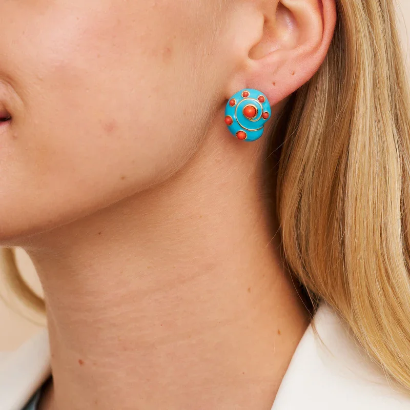 Push Back Drop Earrings for Convenience -Turquoise & Coral Snail Earrings