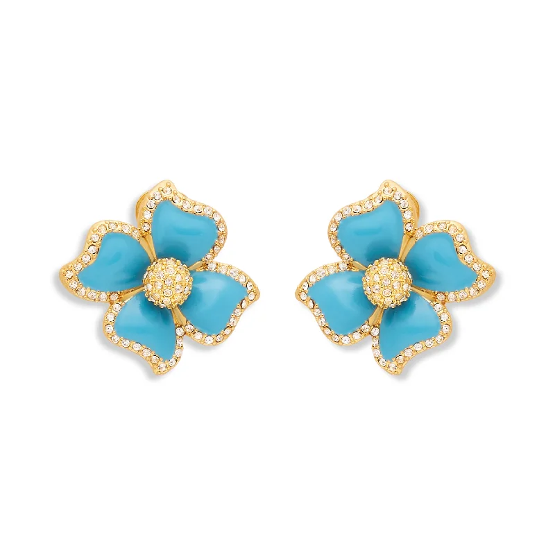 Studded Drop Earrings with Gemstones -Turquoise Enamel Flower Clip Earrings