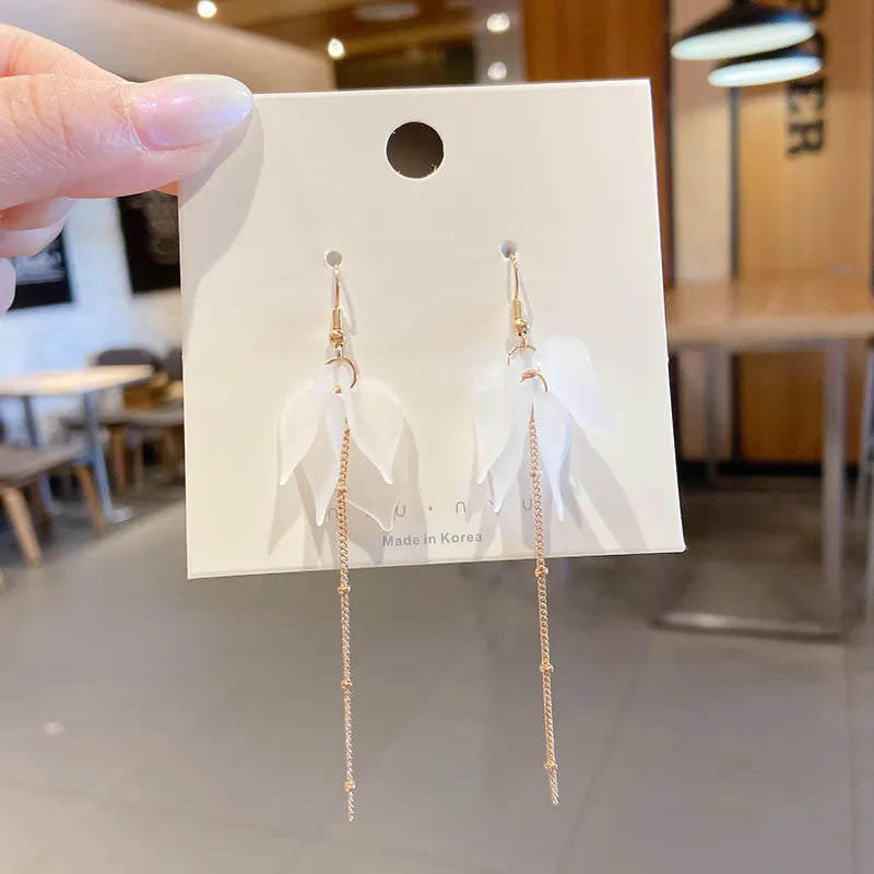 Magnetic Closure Drop Earrings for Easy -White Flower Petal Long Tassel Earrings